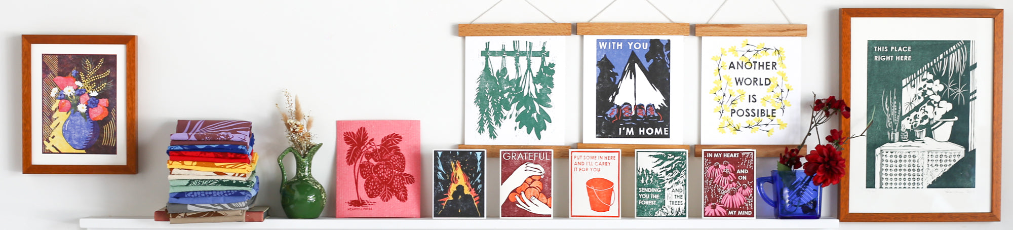 Heartell Press block printed greeting cards, art prints, kitchen towels and sponge cloths.