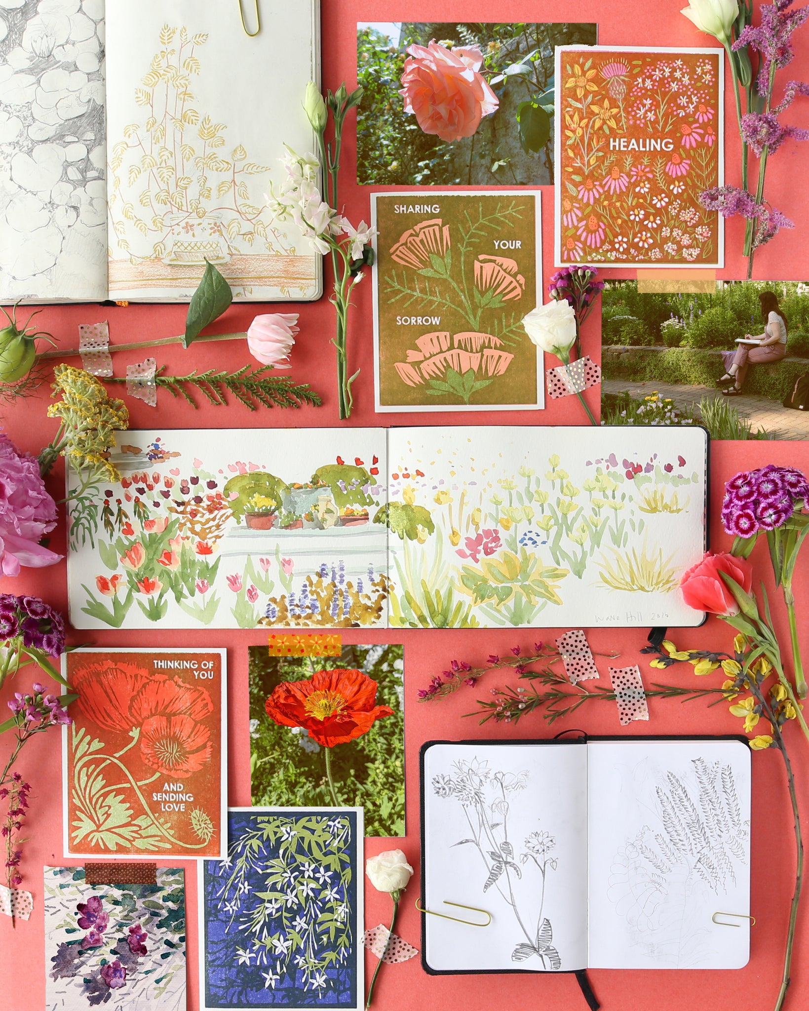 Botanic Garden mood board with sketchbooks