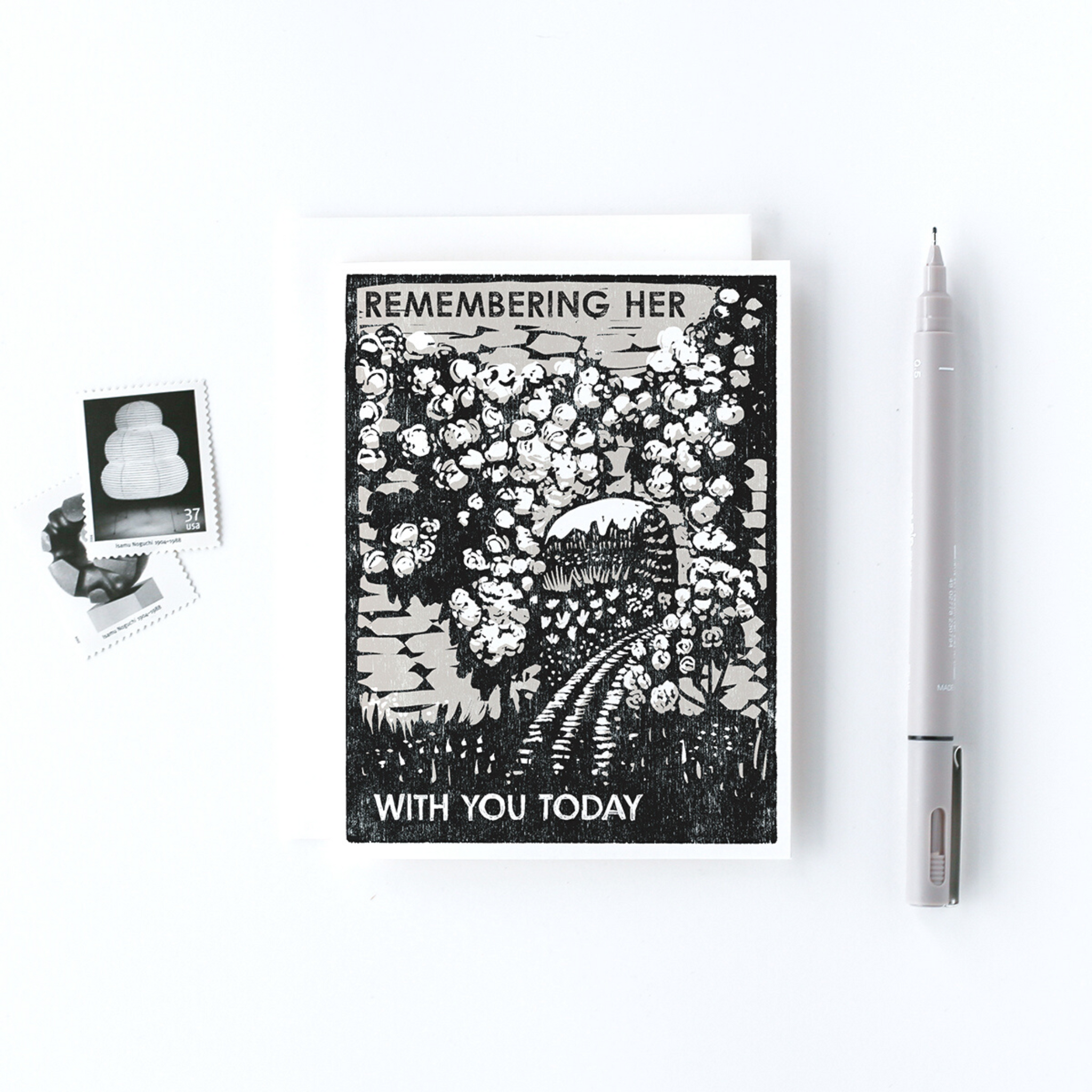 a greeting card that reads "remembering her with you today"