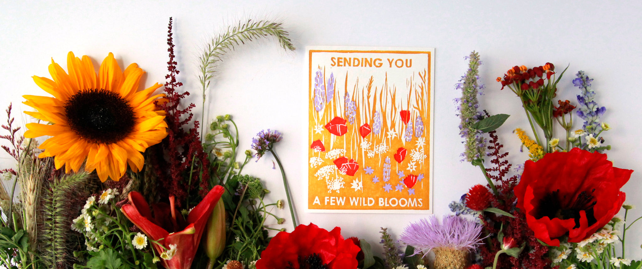 letterpress card that says "sending you a few wild blooms" surrounded by fresh flowers