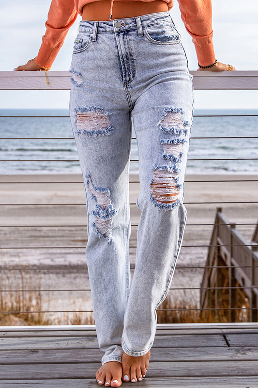 Wool-trimmed distressed mid-rise straight-leg jeans