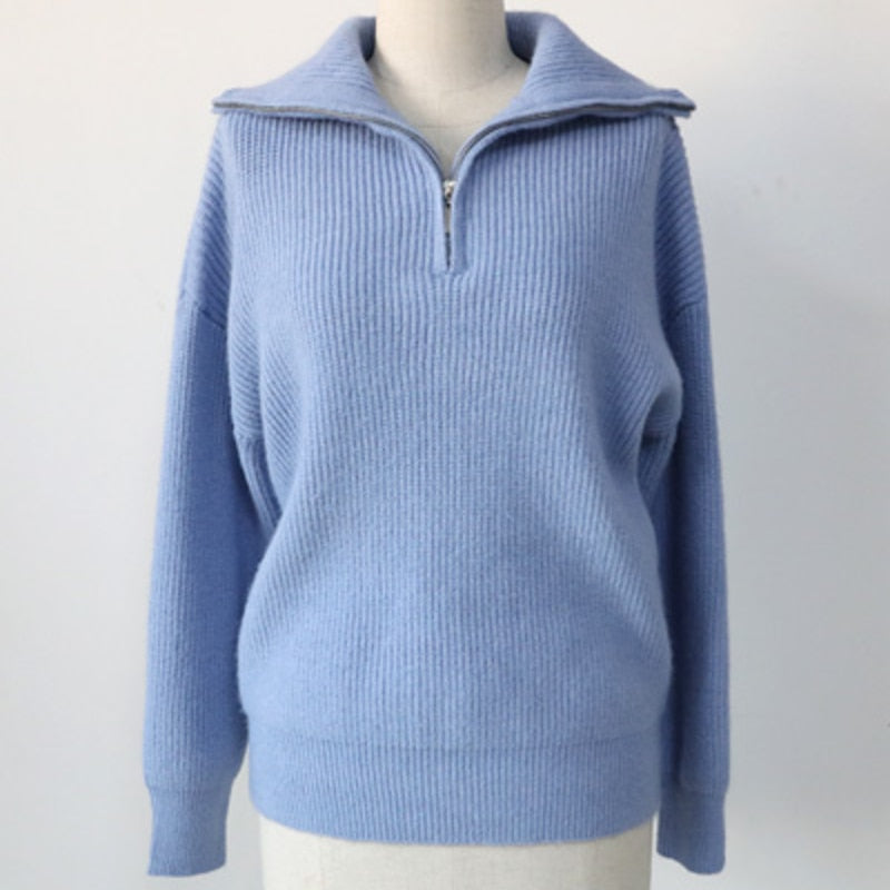 Winter Loose Vintage Warm Sweaters Women's Turtleneck Sweater Pullover Women Zipper Turn Down Soft Beige Knitted Oversize Jumper