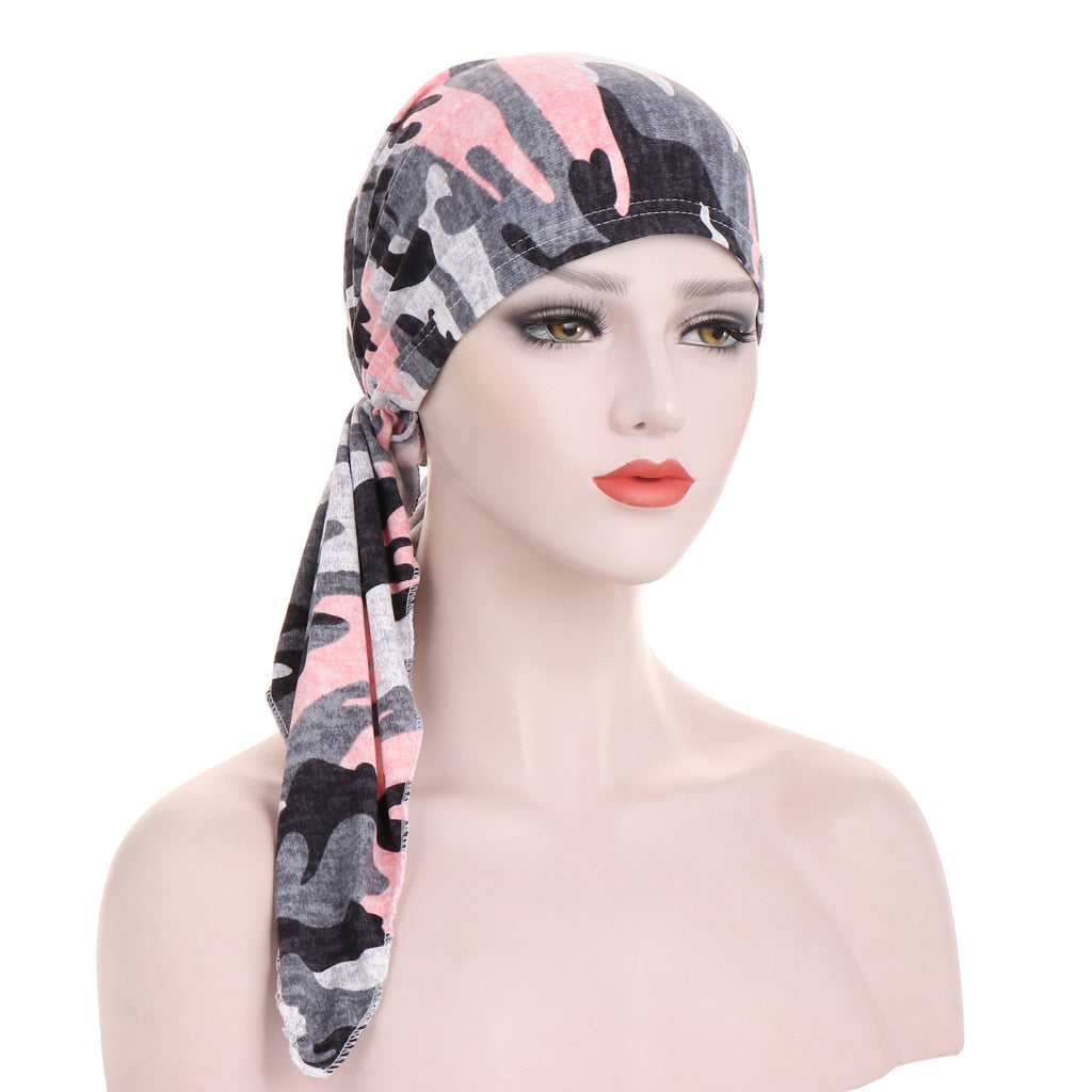 Women Stylish Pre-Tied Turban Chemo Cap Muslim Hijab Inner Cap Beanies Bonnet Long Tail Headscarf Hat Headwrap Caps