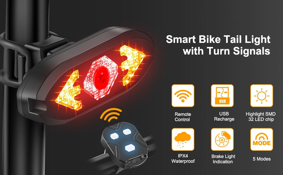 Bike Tail Light with Turn Signals - Wireless Remote Control Waterproof Bicycle Rear Light Back