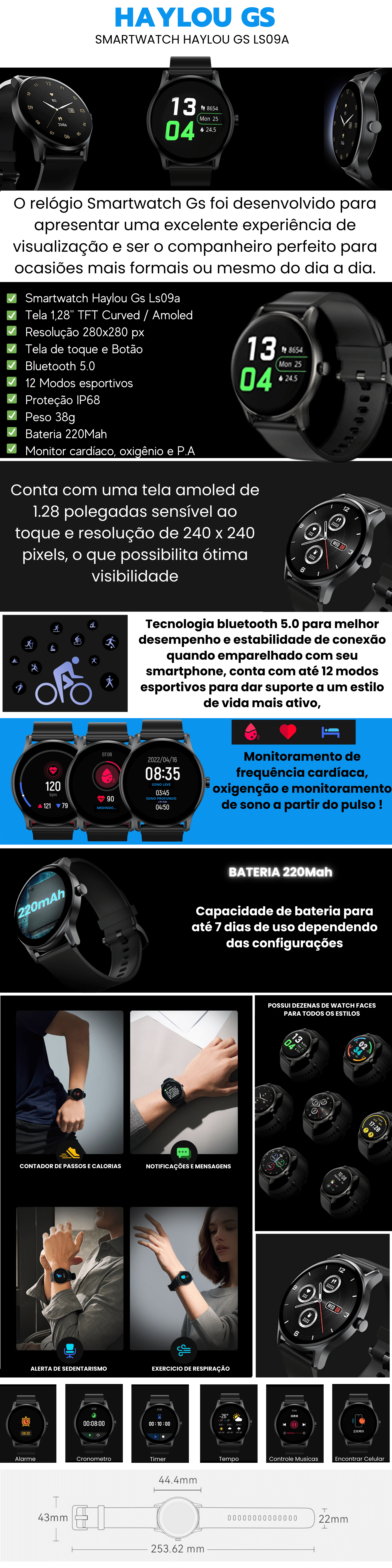 Relógio Smartwatch Haylou GS LS09A com Bluetooth Preto