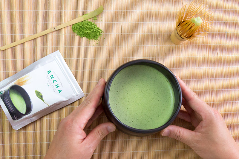 Matcha lover holding a chawan of ceremonial Encha tea