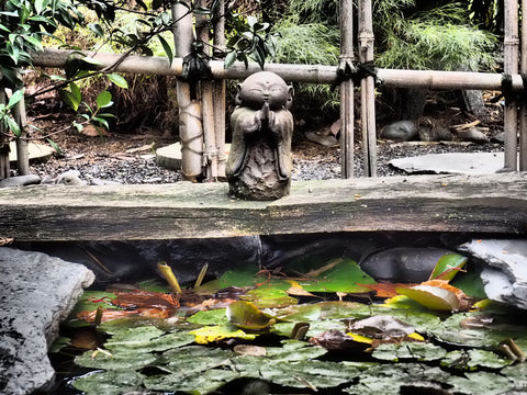 Japanese Jizu praying over a lotus pond