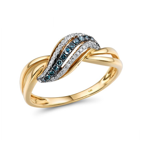14k solid yellow gold with genuine blue white diamonds ring, blue wave, wonderful anniversary gift for special loved one