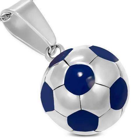 soccer ball silver stainless steel blue charm necklace