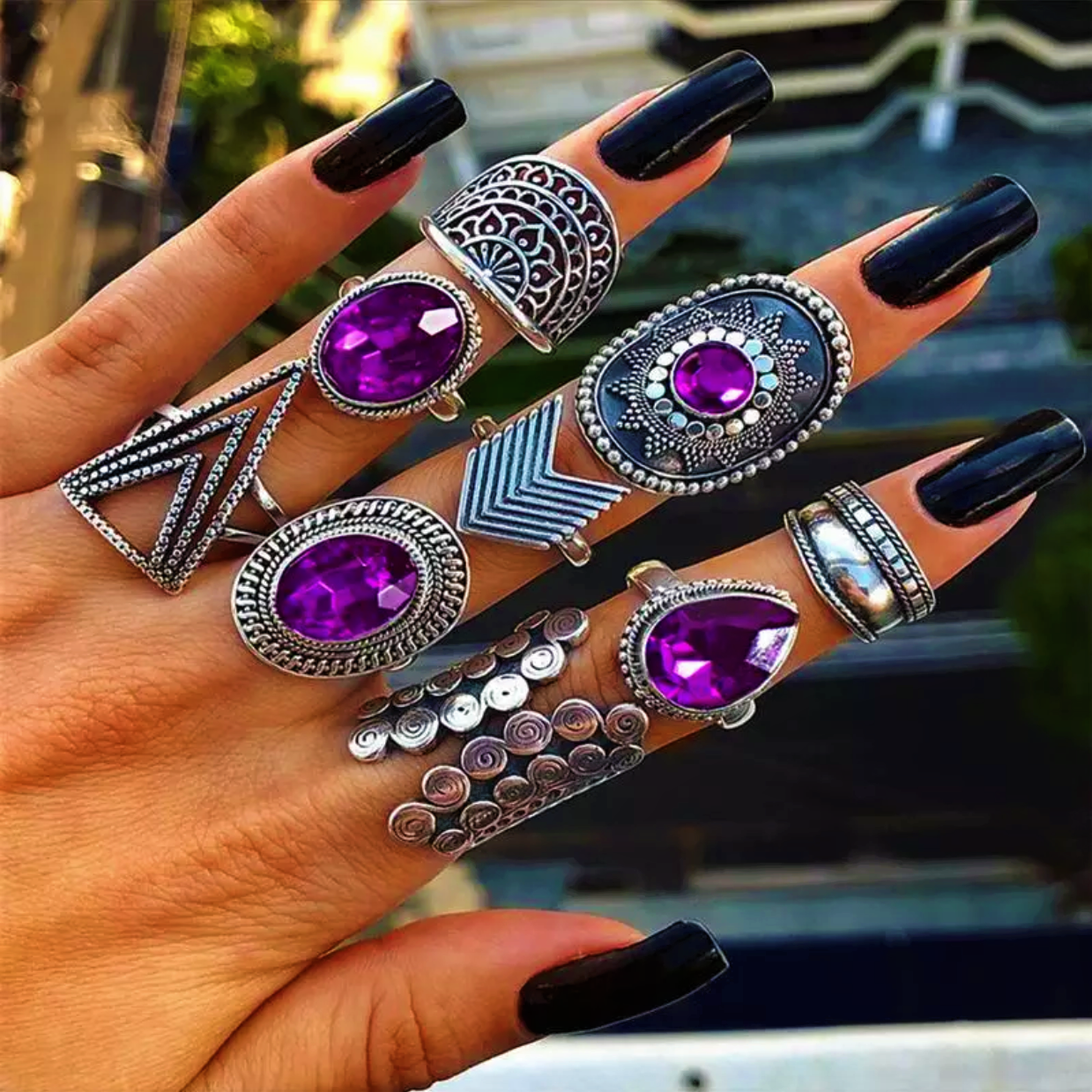 Dark Purple Stone Boho Midi-Knuckle Rings Set of 9