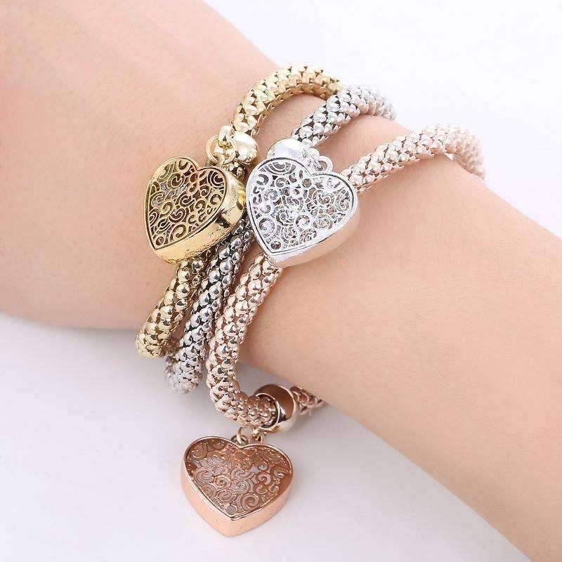 Filigree Heart Austrian Crystal Tri-Color Stretch Bracelet Set