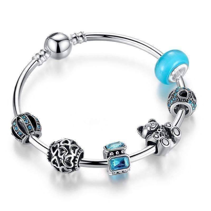 Beary Cute Aqua Crystal & Hearts Silver Bangle Bracelet