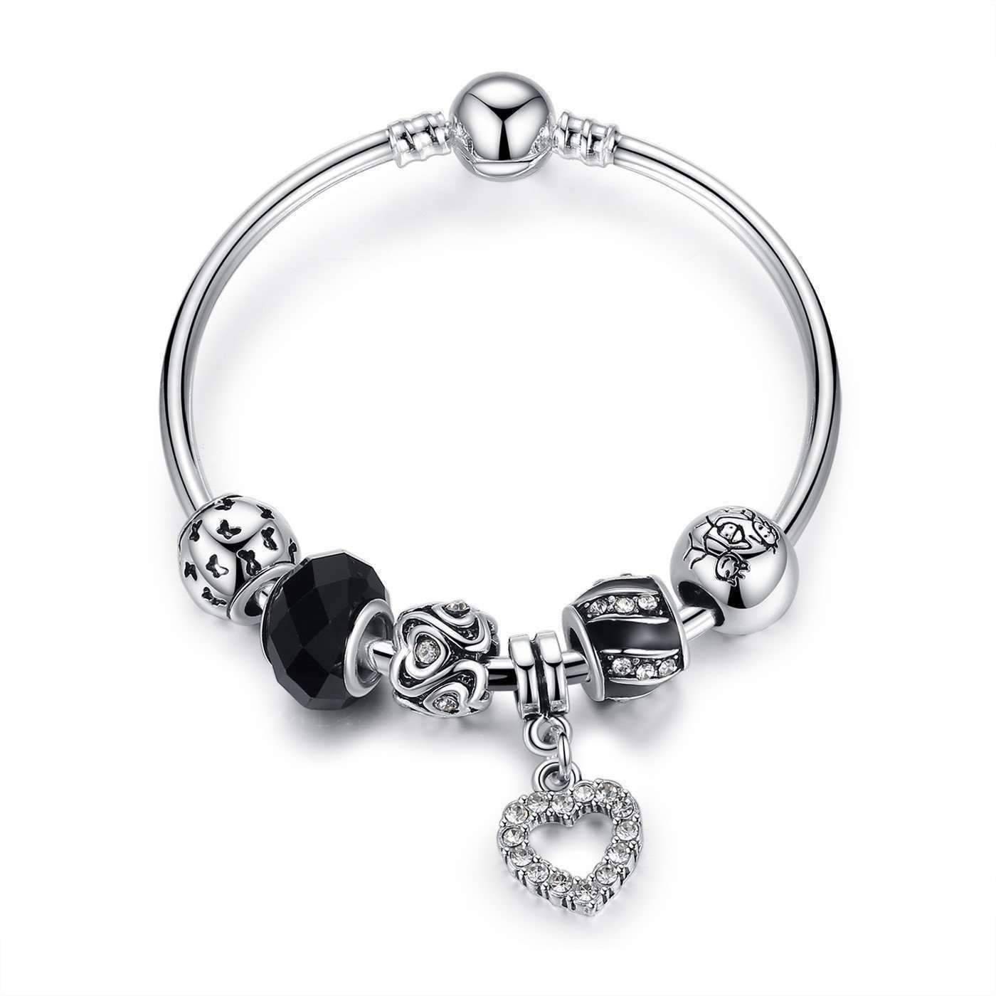 Love & Family Black Glass Silver Bangle Bracelet for Woman