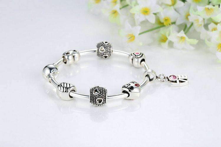 True Love Heart Charm Bead Collection Silver Bangle Bracelet for Woman ...