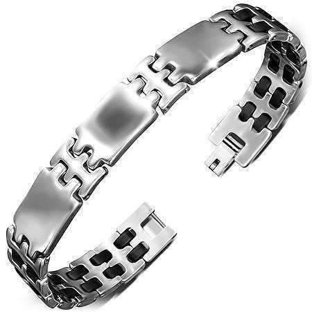 Triple Panel Stainless Steel Men's Bracelet With Black Rubber Links