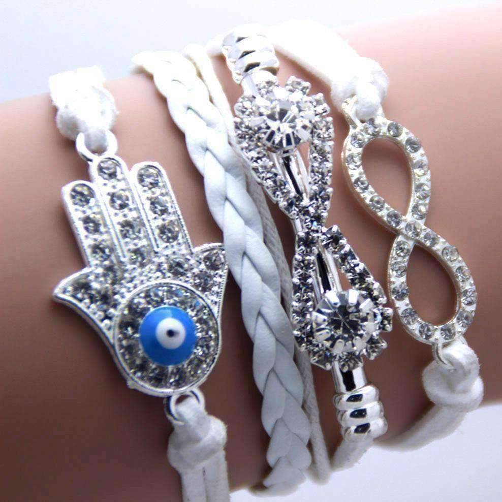 Handmade Sparkly Hamsa Infinity Charm Friendship White Silver Bracelet Adustable Clasp Faux Leather 