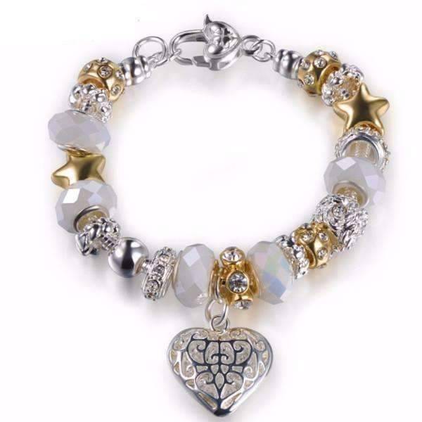 Pearl White Glass Beads With Heart Charm Bracelet For Woman