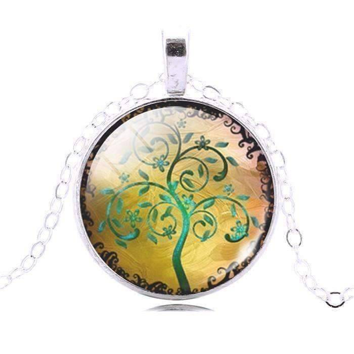 Glass Cabochon Medallion Necklace - Green Tree