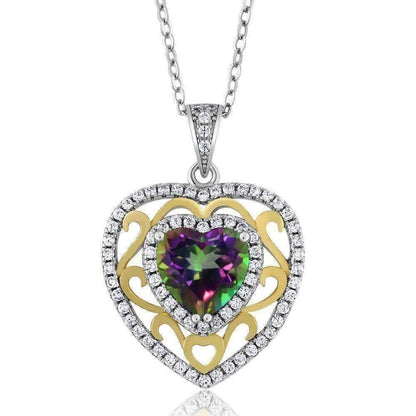 Feshionn IOBI Necklaces Heart Pendant Romance Genuine Green Mystic Topaz Heart IOBI Precious Gems Pendant Necklace
