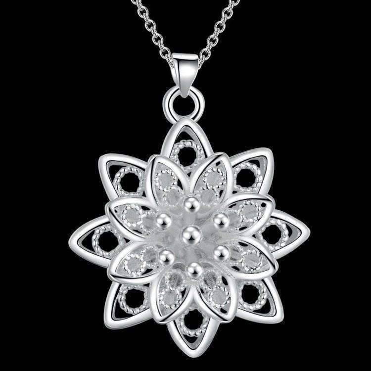 Large Sacred Lotus 3D Flower Silver Necklace Pendant For Woman ...