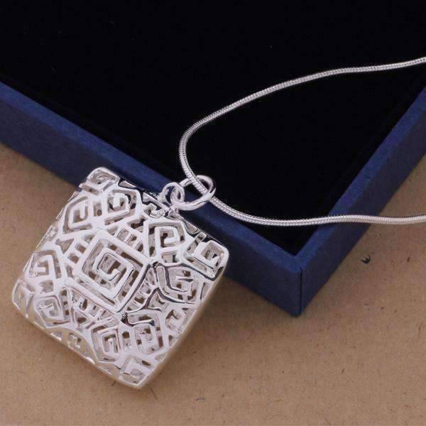 Tribal Pattern Cut-Out Square Cage Sterling Silver Necklace For Woman