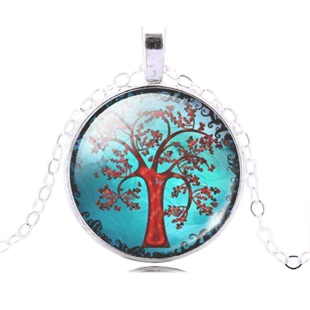 Glass Cabochon Medallion Necklace - Red Tree