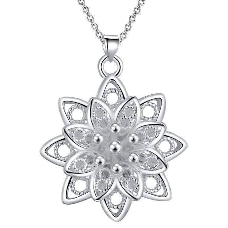 Large Sacred Lotus 3D Flower Silver Necklace Pendant For Woman