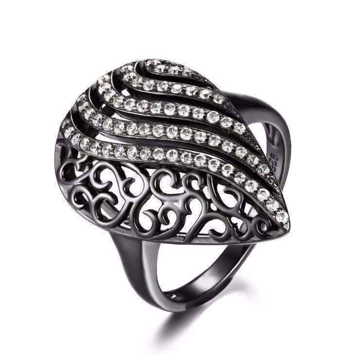 Ebony Swirl Black Gold Filigree and CZ Cocktail Ring - Feshionn IOBI