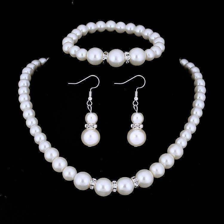 Ivory Pearl and Crystal Bead Necklace Bracelet and Earrings Set 