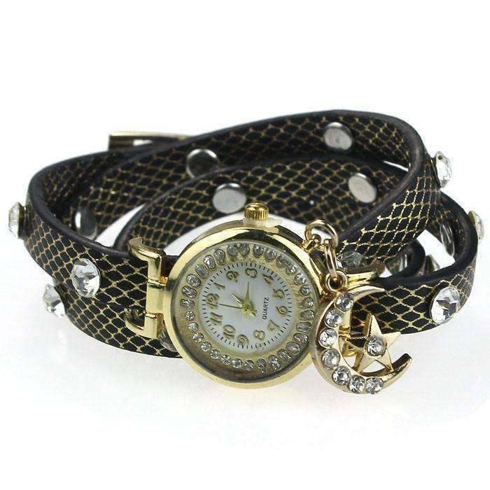 Look To The Moon And Stars Sparkly Wrap Bracelet Watch in Black