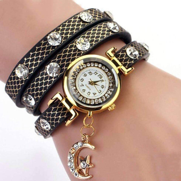 Look To The Moon And Stars Sparkly Wrap Bracelet Watch in Black ...