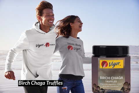 a vigor icon supplement poster featuring a running couple presenting birch chaga truffles