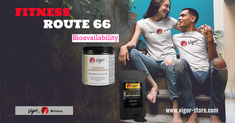 Fitness Route 66 poster featuring happy couple sitting on stairs announcing bioavailability supplements