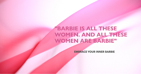 Pink velvet backround with slogan "Barbie is all these women. And all these women are Barbie"
