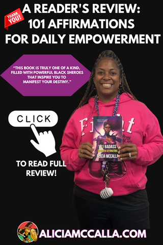 A smiling Black woman holding open the book "101 Badass Superhero Affirmations" to show the colorful superhero illustrations inside.