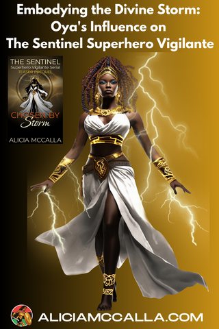 Oya Yoruba Goddess surrounded by a gold Lightening Storm with PreQuel Teaser Book Cover By Alicia McCalla