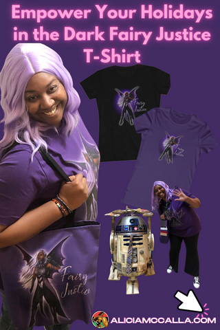 Author Alicia McCalla Cosplaying her Dark Fairy Justice Shirt Character with a Lavender Wig Embrace Your Holiday in the Dark Fairy Justice Tee