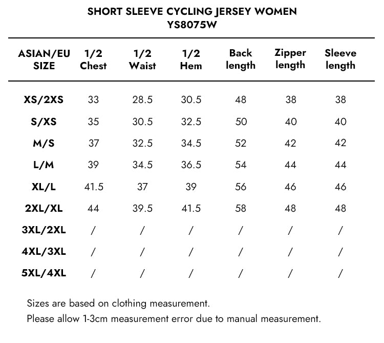 cycling jersey size chart