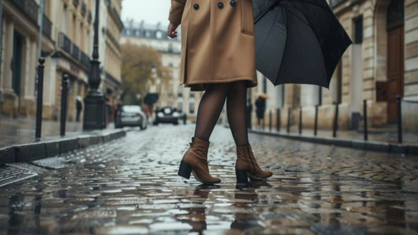 Bottines sur pavé parision flaques d'eau dans la rue