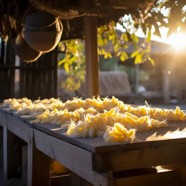 Cocons de vers à soie séchant au soleil