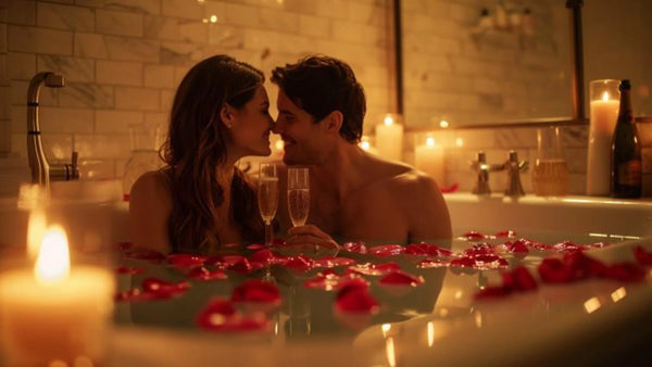 Couple profitant d'un bain relaxant avec bougies et pétales de rose
