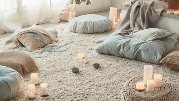 Espace détente cosy avec tapis moelleux, coussins et bougies