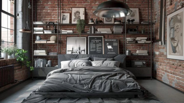 Étagères flottantes en métal noir au-dessus d'un lit dans une chambre industrielle avec des affiches vintage encadrées