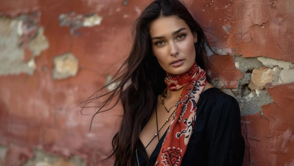 Femme élégante avec foulard en soie dans les cheveux