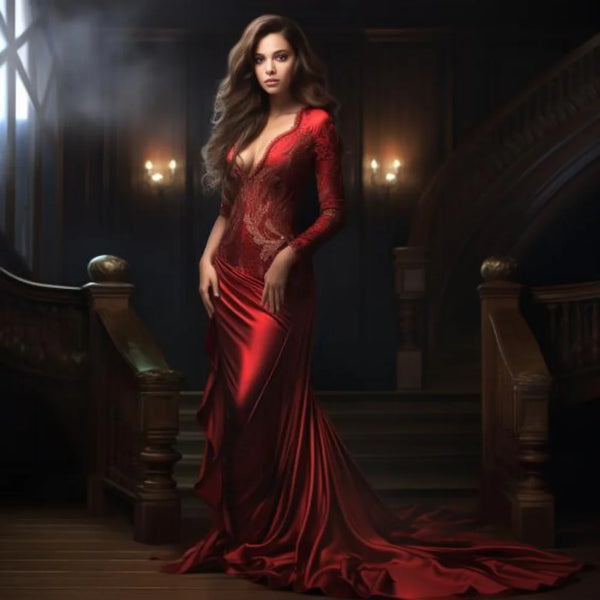 Femme en robe du soir en satin de soie rouge avec détails couture