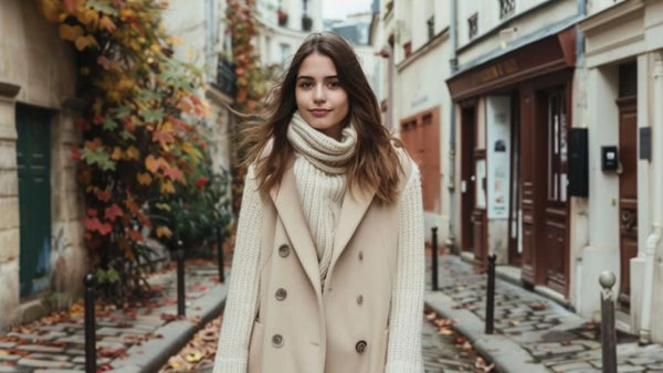 Femme portant un manteau long en laine beige avec un gros pull oversize blanc