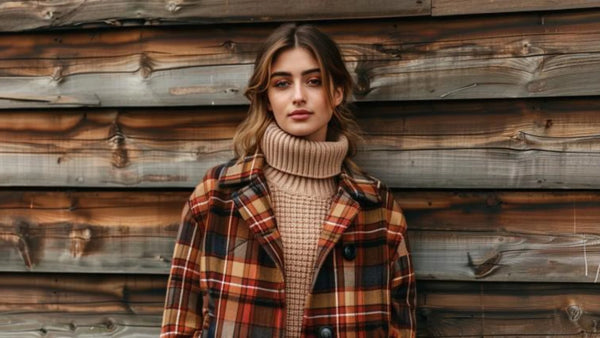 Manteau à carreaux avec un pull oversize col roulé en cachemire beige