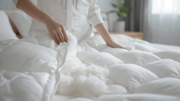 Personne bordant un lit avec une couette en duvet blanc