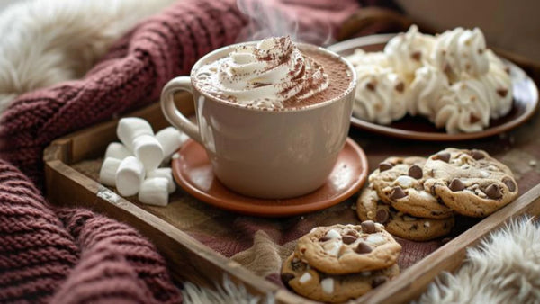 Plateau avec tasse de chocolat chaud, guimauves et biscuits sur un plaid