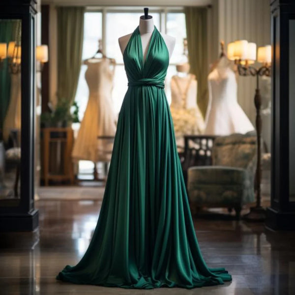 Robe longe de soirée verte en soie